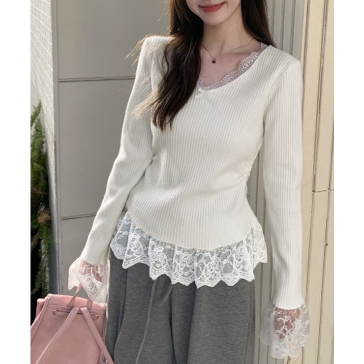 アイボリー | ニットトップス レース切替え Vネック服 | Miniministore