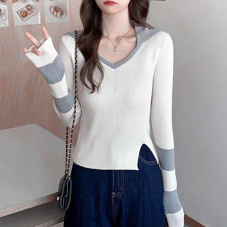 ニットトップス Vネック スリット入り | Miniministore | 詳細画像3 