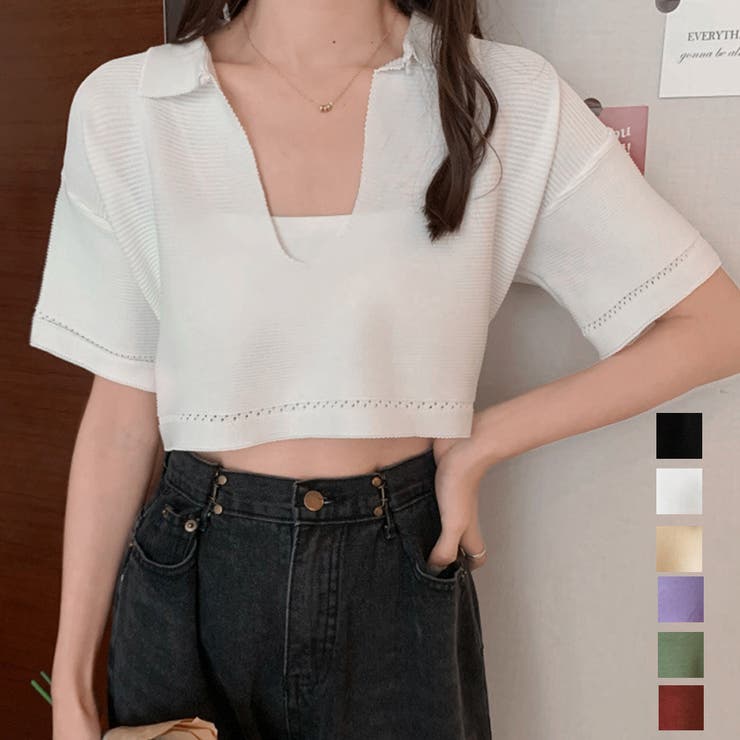 カットソー(半袖/袖なし) Double Knit Cropped Pullover セール】ダブルジップ半袖リブトップス（ニット/セーター）｜tiptop