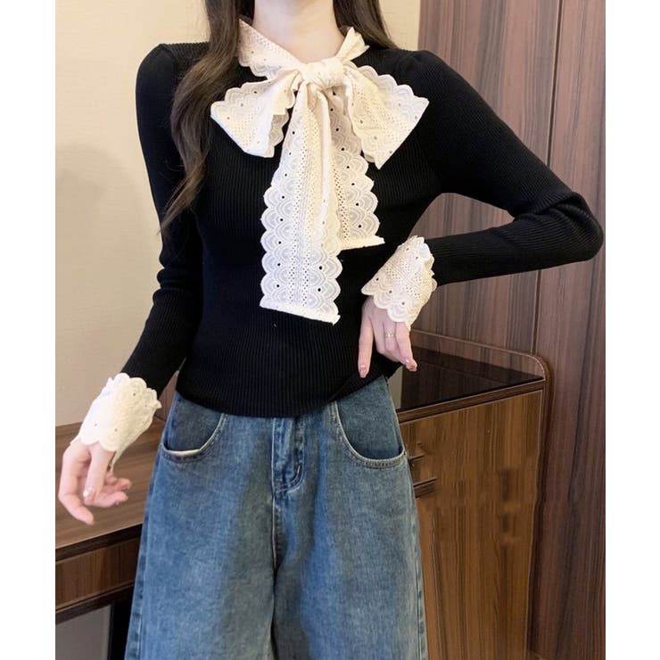 ニットトップス 刺しゅうレース ボウタイ | Miniministore | 詳細画像3 