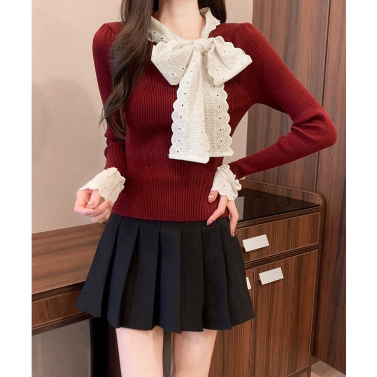 ニットトップス 刺しゅうレース ボウタイ | Miniministore | 詳細画像8 