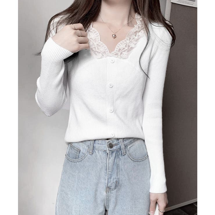 ニットトップス Vネック レース切替え | Miniministore | 詳細画像2