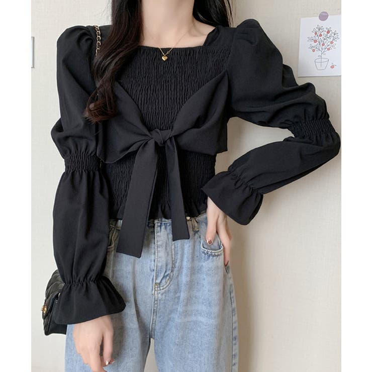 ブラウス 白黒 シャーリング ショート丈 | Miniministore | 詳細画像3 