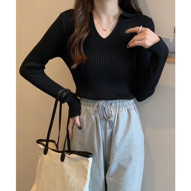 リブニットトップス Vネック 春秋冬 | Miniministore | 詳細画像4