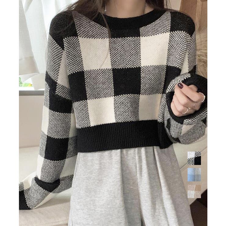 チェック柄ニット ショート丈 長袖ニット[品番：II000011936