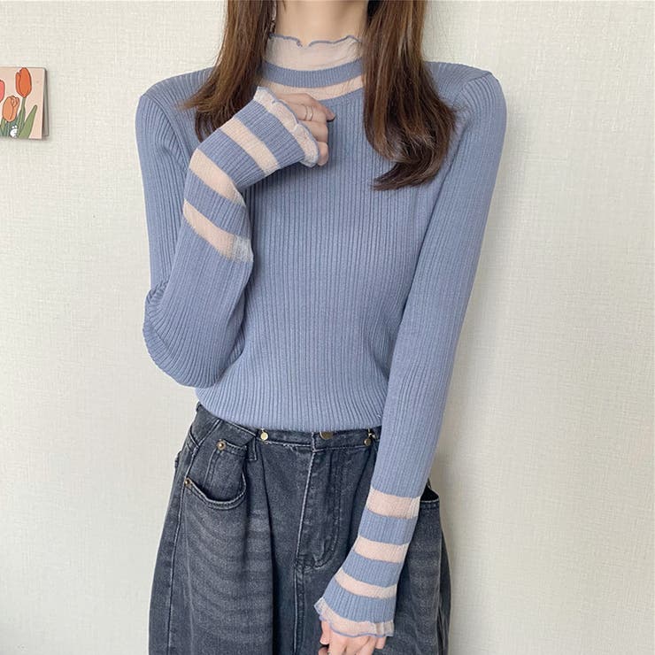 ブルー | ニットトップス レース プルオーバー | Miniministore