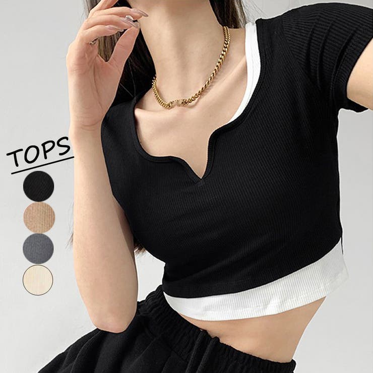 ショート丈トップス へそ出し Tシャツ[品番：II000008576