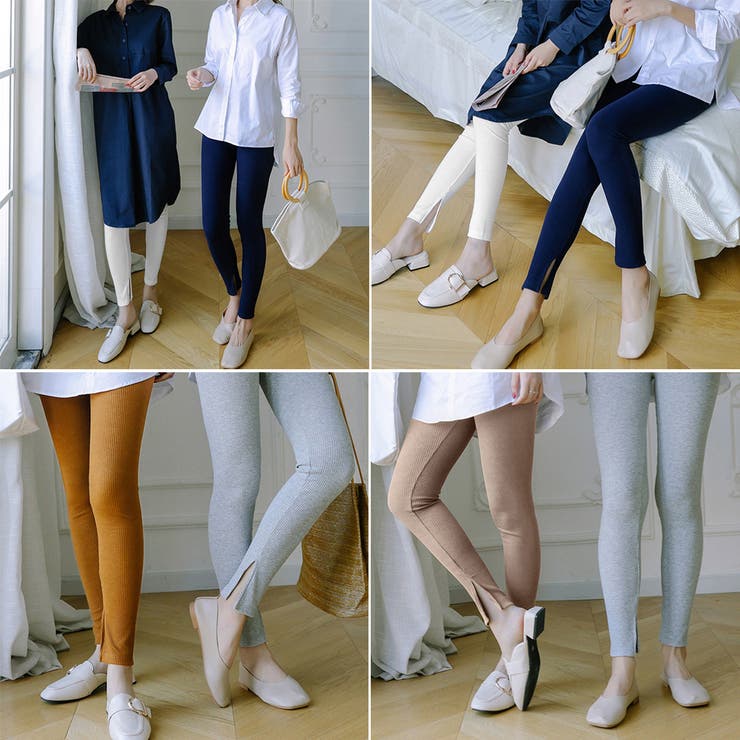 レギンスパンツ 裾スリット入り 春秋冬[品番：II000007440