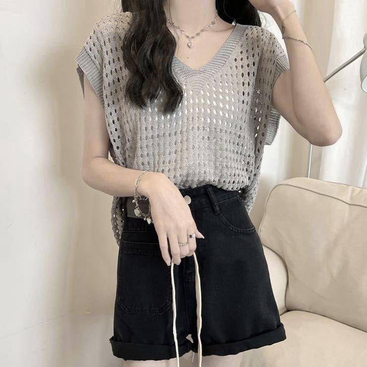 minmiアナイ、メッシュVネック半袖ニット メッシュ編みニット Vネックサマーニット[品番：II000010539