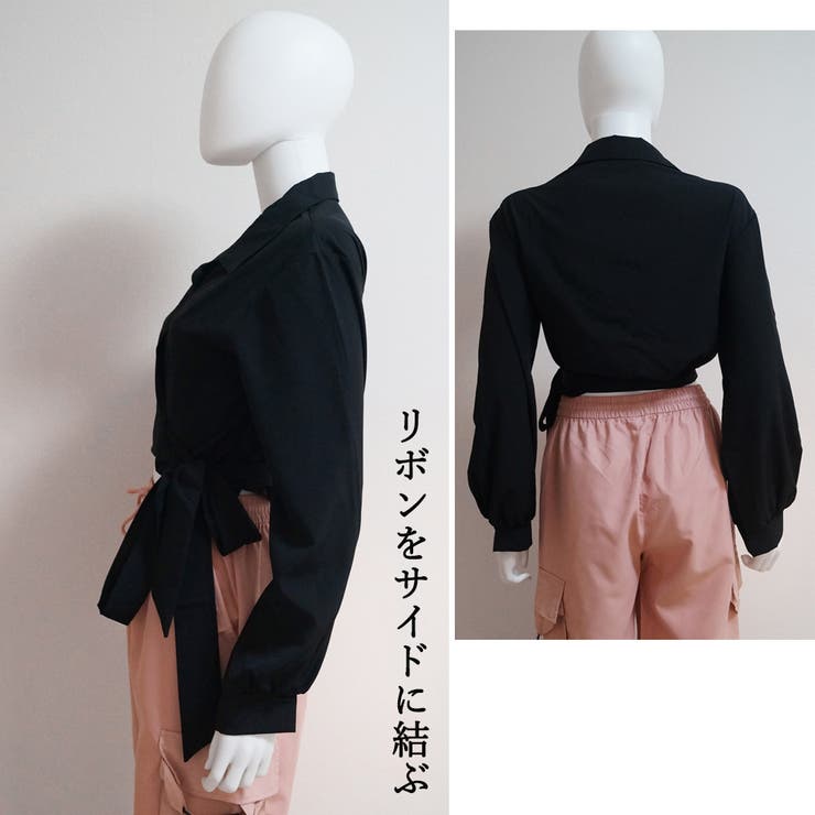 シャツブラウス 長袖 ショート丈トップス[品番：II000010714