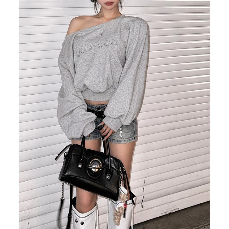 グレー | ビジューロゴオフショルスウェットトップス | Miniministore