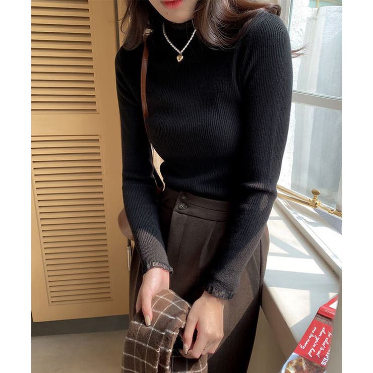 ブラック | リブニットトップス きれいめ ハイネック | Miniministore