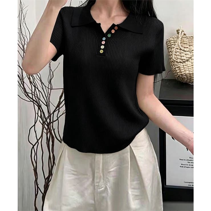 ブラック | カラフルボタンポロシャツ 半袖リブニット | Miniministore