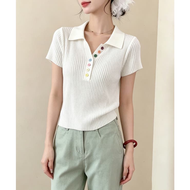 ホワイト | カラフルボタンポロシャツ 半袖リブニット | Miniministore