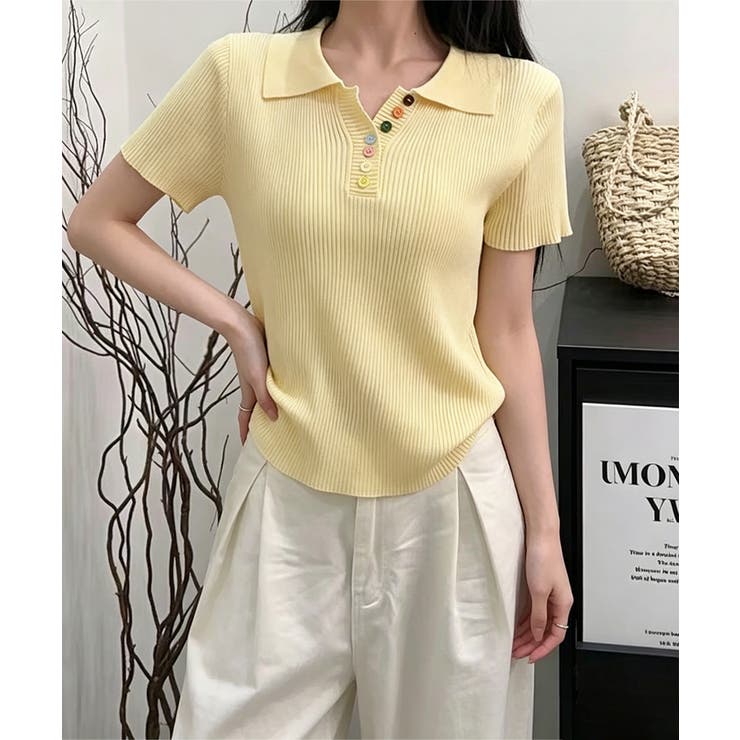 イエロー | カラフルボタンポロシャツ 半袖リブニット | Miniministore