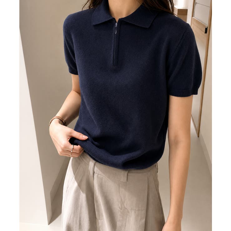 ネイビー | ハーフジップポロシャツ 半袖サマーニット | Miniministore