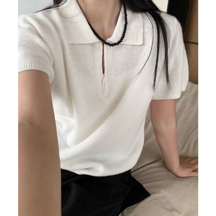 ホワイト | ハーフジップポロシャツ 半袖サマーニット | Miniministore