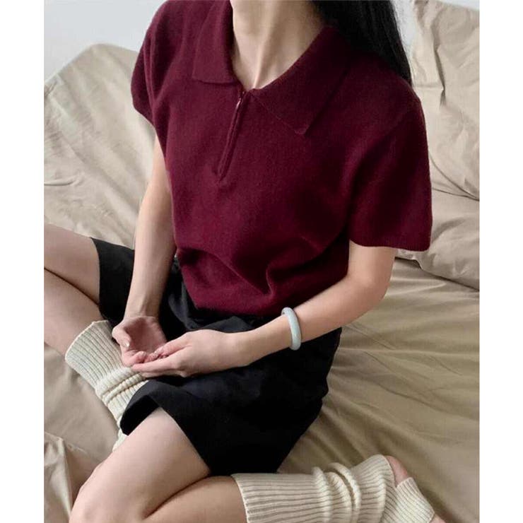 ワインレッド | ハーフジップポロシャツ 半袖サマーニット | Miniministore