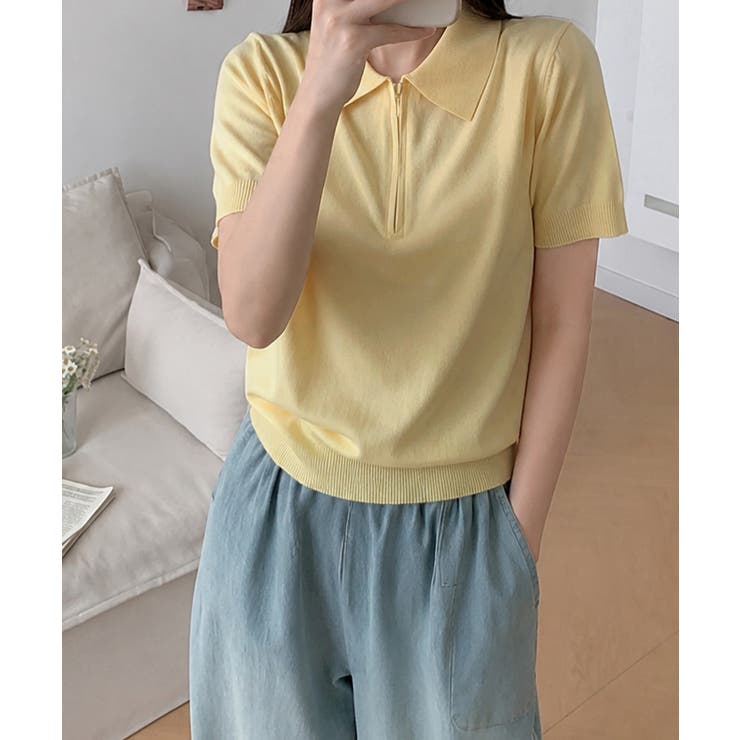 ライトイエロー | ハーフジップポロシャツ 半袖サマーニット | Miniministore