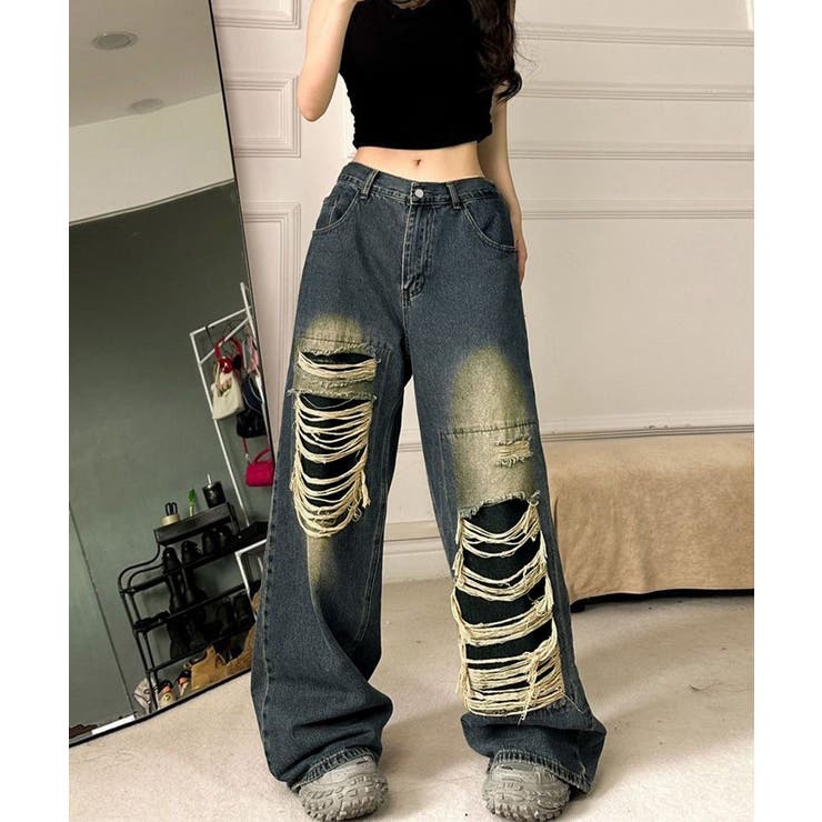 インディゴブルー | ダメージバギーデニムパンツヴィンテージ風 | Miniministore