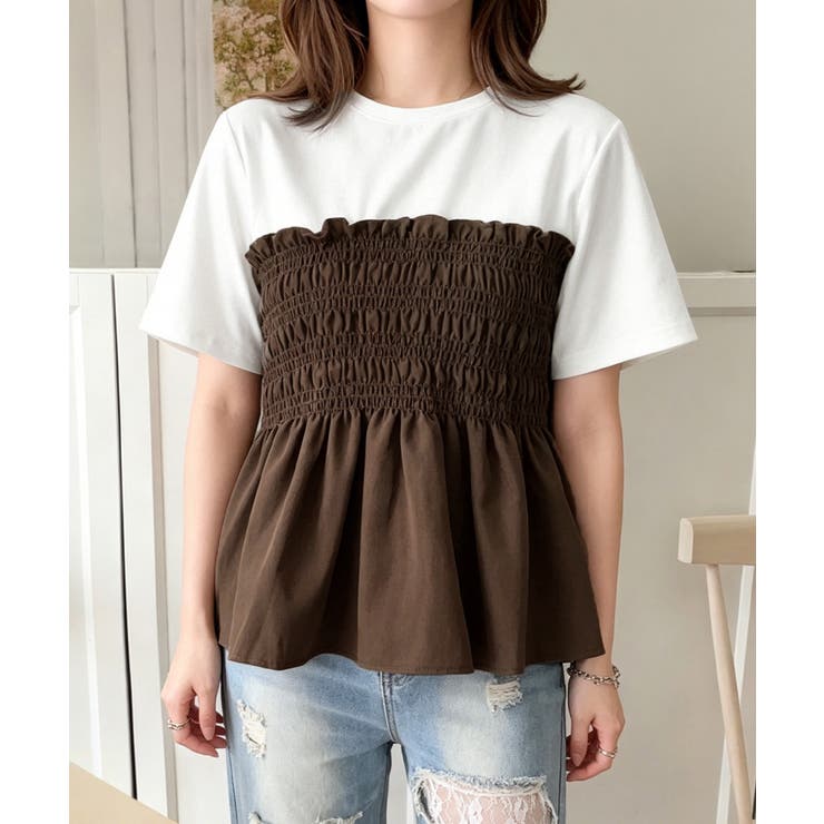 ブラウン | 異素材切り替えトップスレディース ビスチェレイヤード風Tシャツ ペプラムトップス… | SUNSHINE CLOSET
