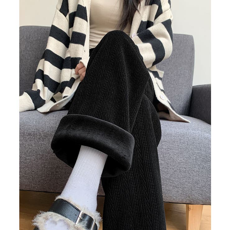 ブラック | 裏起毛ワイドパンツ あったかニットパンツ | Miniministore