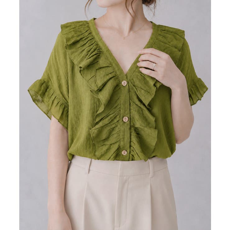モスグリーン | レディース 大人可愛いスキッパーシャツゆったり リネン風ブラウスナチュラル | SUNSHINE CLOSET