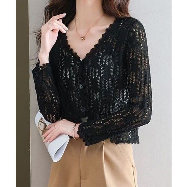 ブラック | 透かし編みカーディガンフェミニン夏羽織り | Miniministore