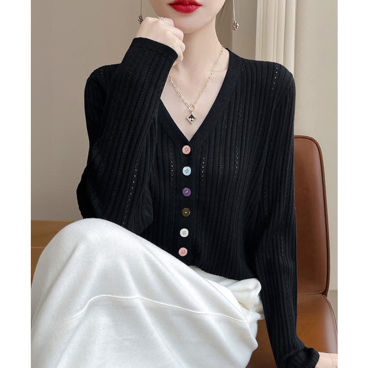 ブラック | 針抜きシアーカーディガン透かし編みニット | Miniministore