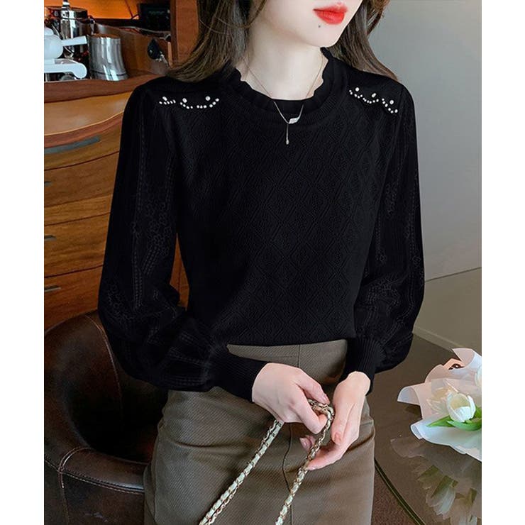 ブラック | ニットトップスレース切り替えブラウス春服 | Miniministore