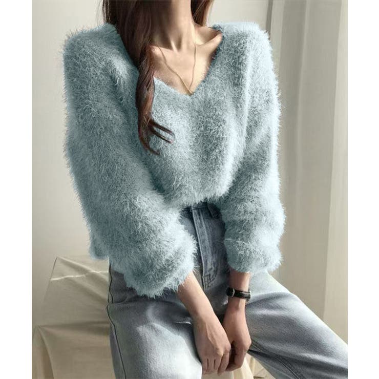 ブルー | モヘア調ニット Vネックシャギートップス | Miniministore