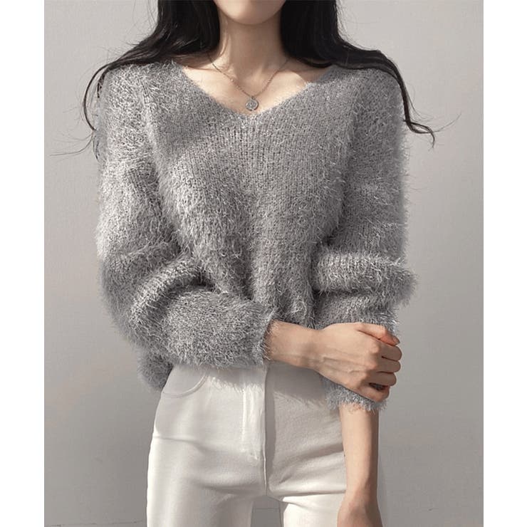 グレー | モヘア調ニット Vネックシャギートップス | Miniministore