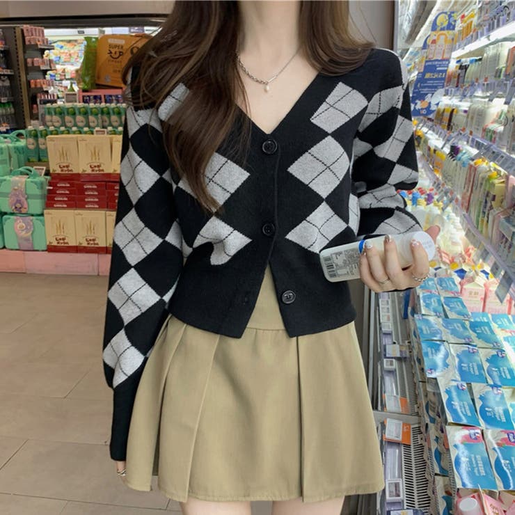 ブラック*グレー | アーガイル柄 ニットカーディガン レトロ | Miniministore