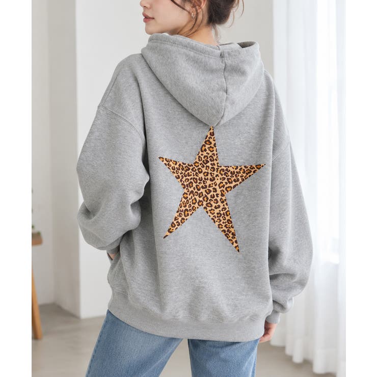 グレー | レオパード星柄長袖フーディースウェット ゆったりビッグシルエットトップス韓国風 … | SUNSHINE CLOSET