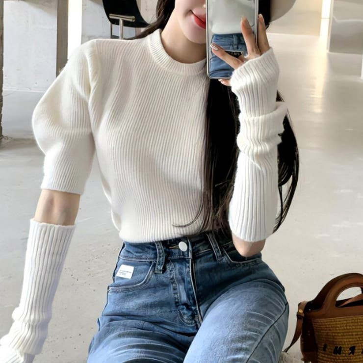 オフホワイト | アームウォーマー ニットトップス 韓国風 | Miniministore