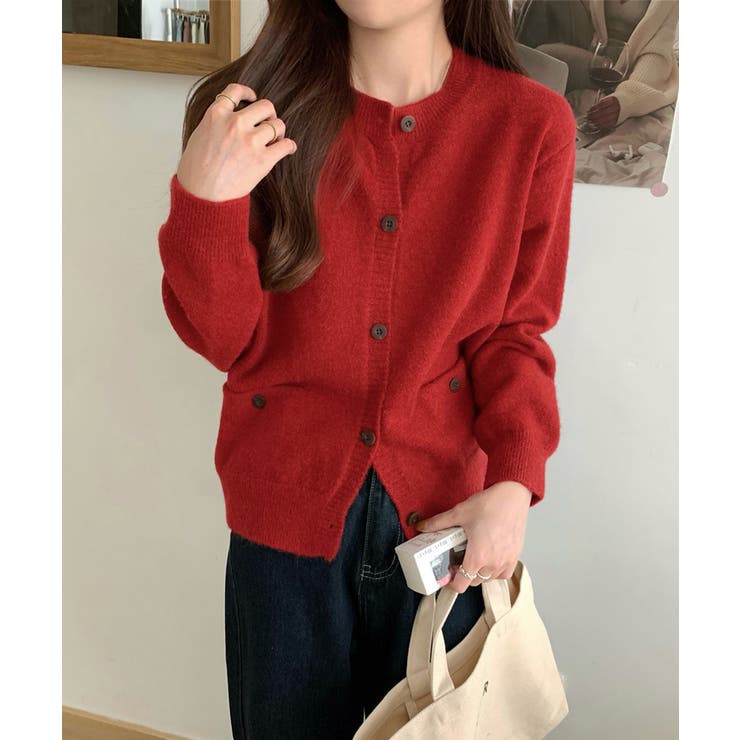 レッド | ニットカーディガン ポケット付き 秋冬服 | Miniministore