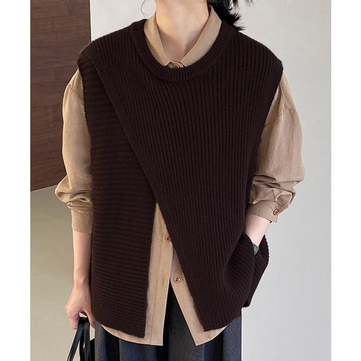 ダークブラウン | リブニットベスト 前後スリットニットジレ | Miniministore