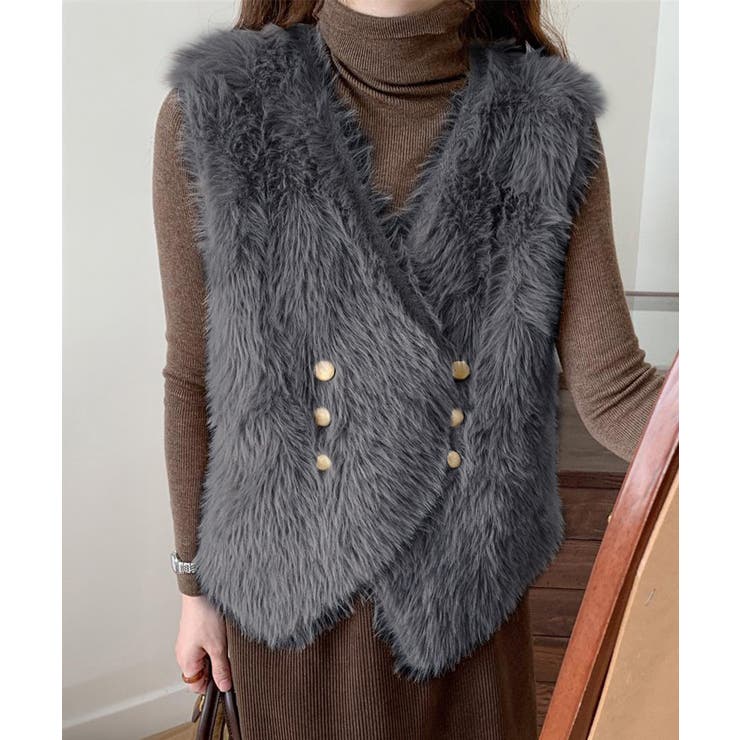 ダークグレー | ふわふわファーベストVネックニットベスト | Miniministore