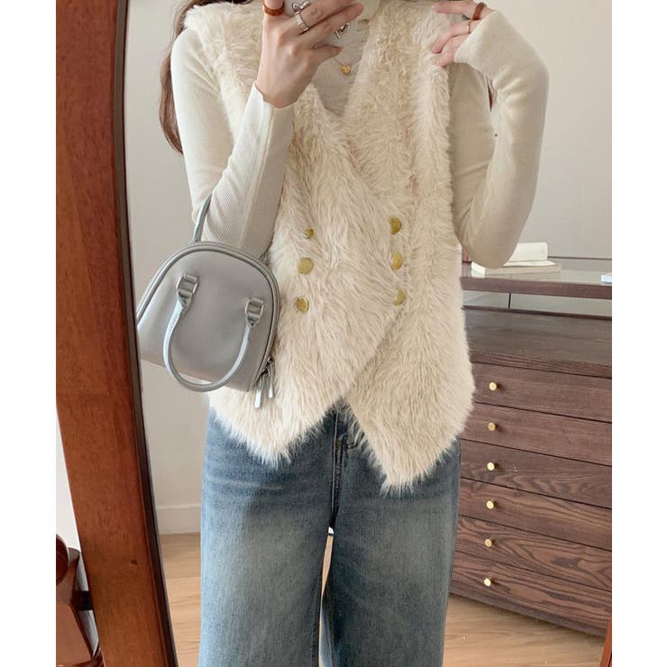 アイボリー | ふわふわファーベストVネックニットベスト | Miniministore