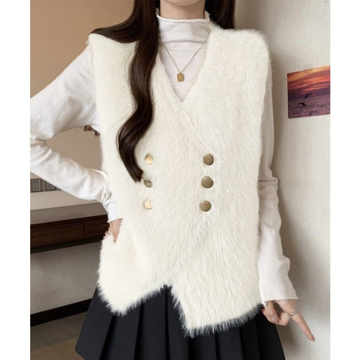 ホワイト | ふわふわファーベストVネックニットベスト | Miniministore