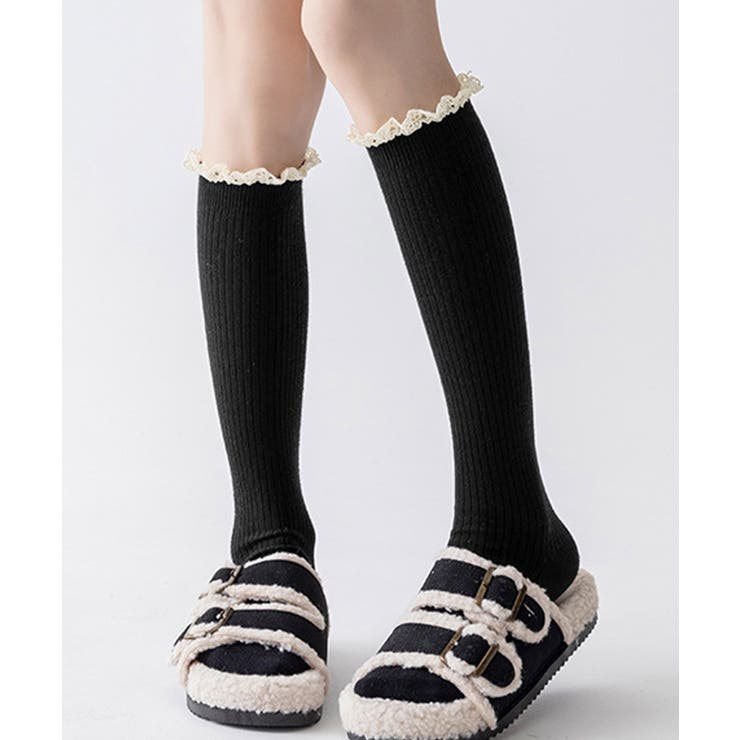 ブラック | カシミヤ風 フリルロングソックス 暖かい | Miniministore