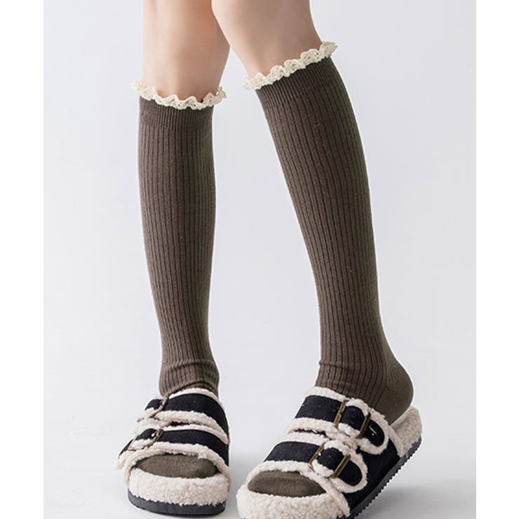ブラウン | カシミヤ風 フリルロングソックス 暖かい | Miniministore