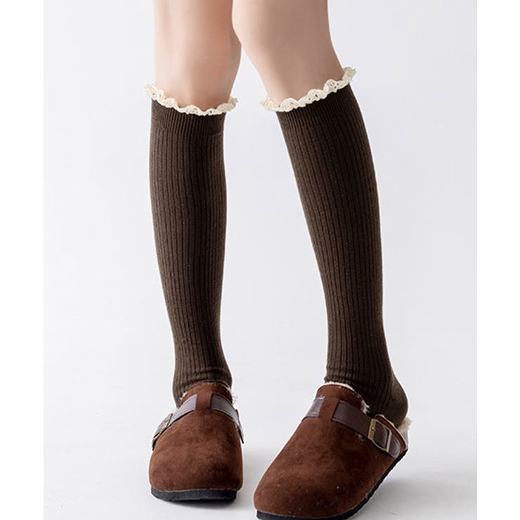 ダークブラウン | カシミヤ風 フリルロングソックス 暖かい | Miniministore