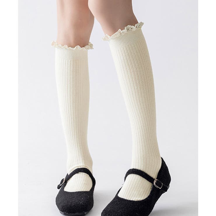 アイボリー | カシミヤ風 フリルロングソックス 暖かい | Miniministore