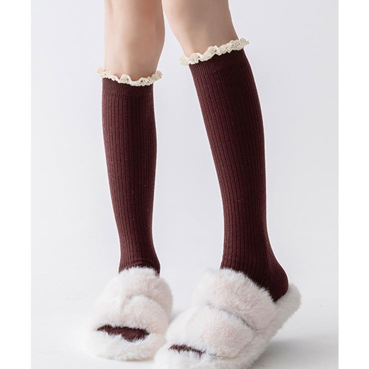 ワインレッド | カシミヤ風 フリルロングソックス 暖かい | Miniministore