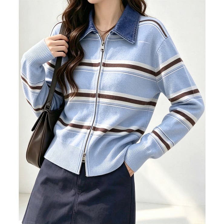 ブルー | おしゃれニットトップスレディース 大人カジュアルカーディガン配色ポロカラー セー… | SUNSHINE CLOSET