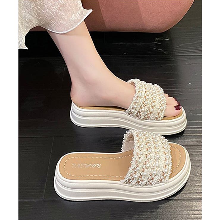 アイボリー | 厚底サンダル パール付きフラットサンダル | Miniministore