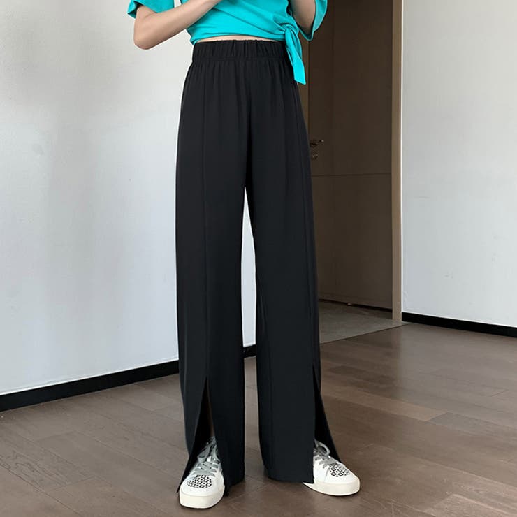 ブラック | スリットパンツ ハイウエストカラーパンツ | Miniministore