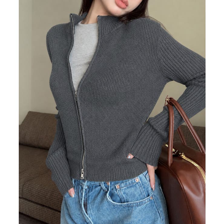ダークグレー | クルーネックニットトップス ダブルジップ | Miniministore