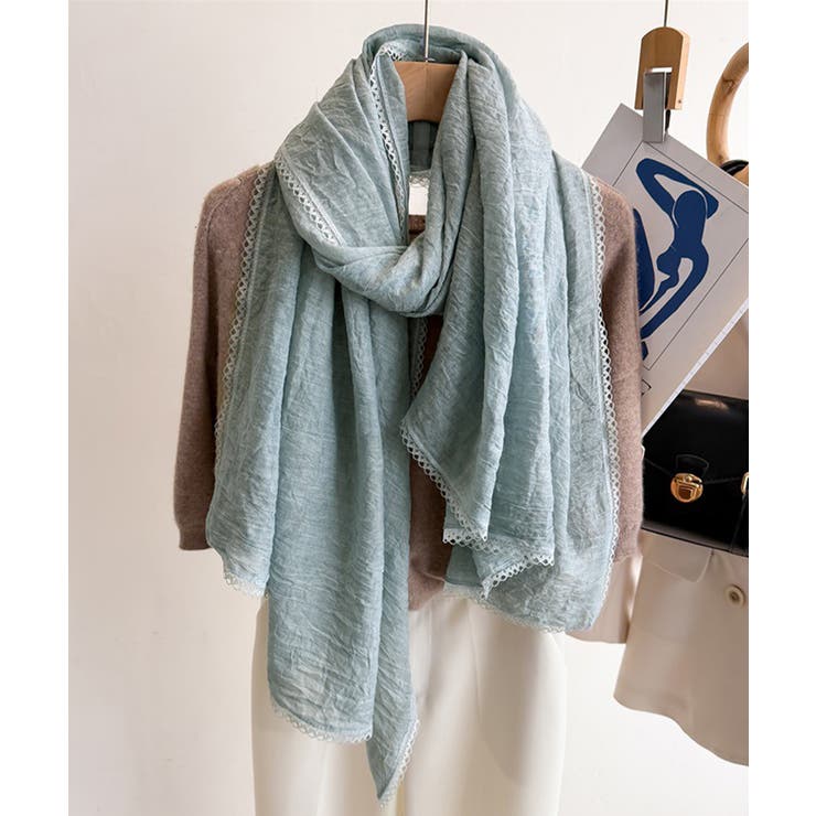 ブルーグレー | レディースレース裾ショール 軽薄透け感 大きめシアースカーフUV対策冷房対策 | SUNSHINE CLOSET